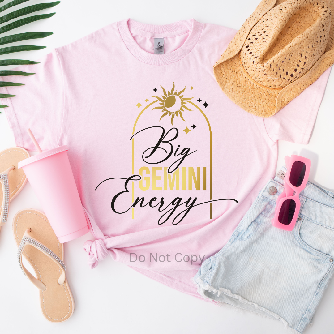 Big Gemini Energy DTF Transfer on a tshirt