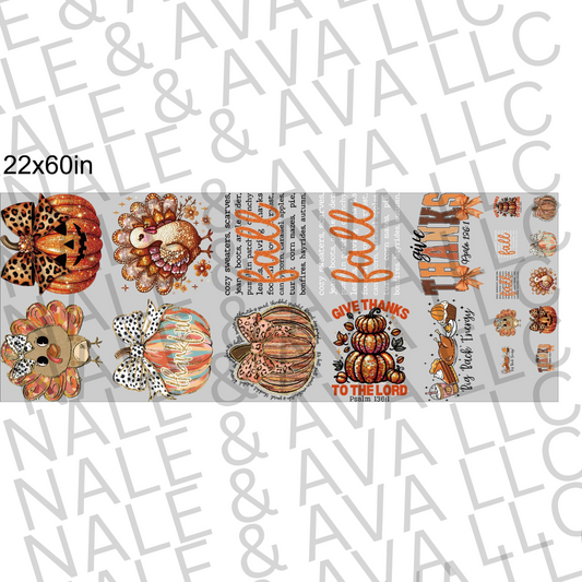 Decorative paper with fall-themed designs including pumpkins and turkeys on a white background with 'Nalle & Avall LLC' text.