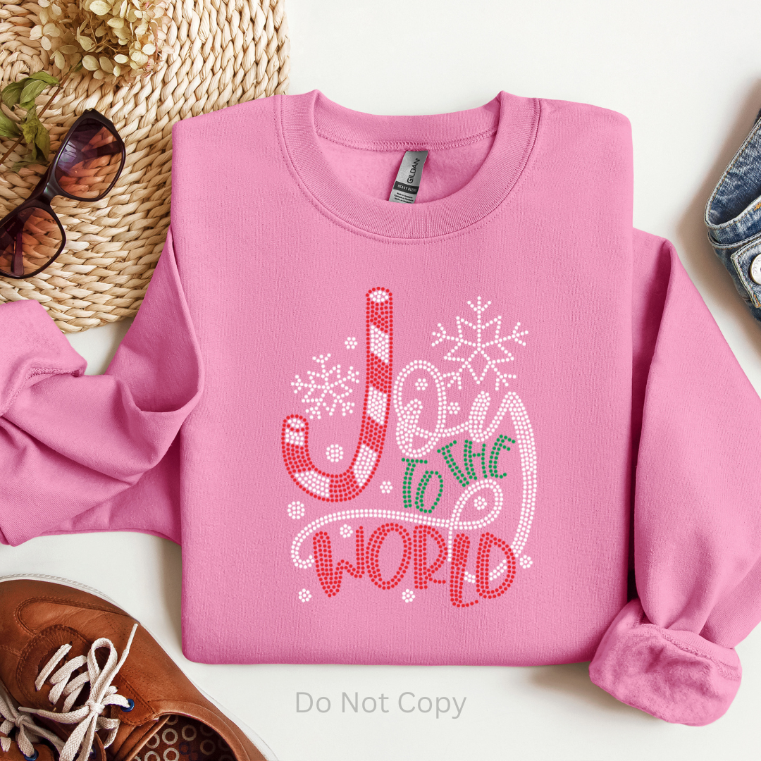 Joy To The World Rhinestone Transfer on a tshirt