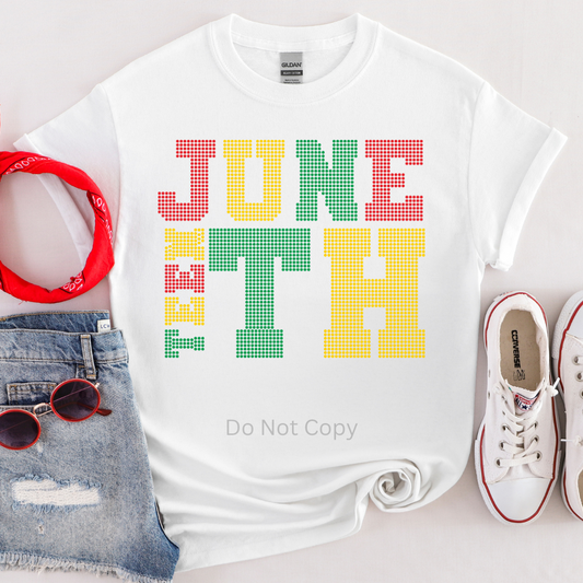 Completed t‑shirt with applied Juneteenth rhinestone heat‑press design