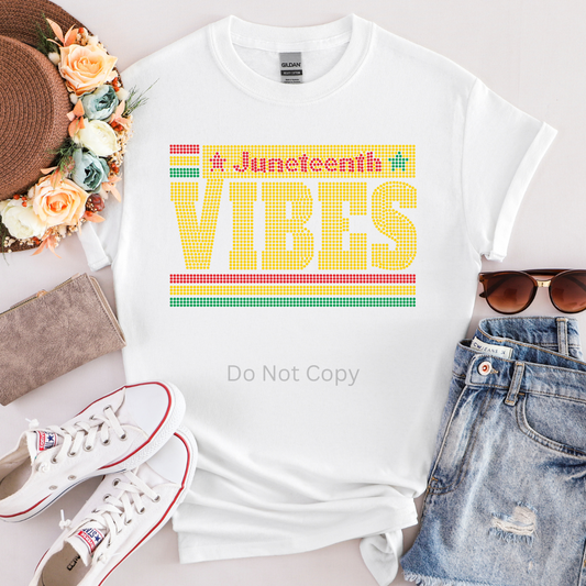 DIY t‑shirt with Juneteenth Vibes rhinestone transfer applied