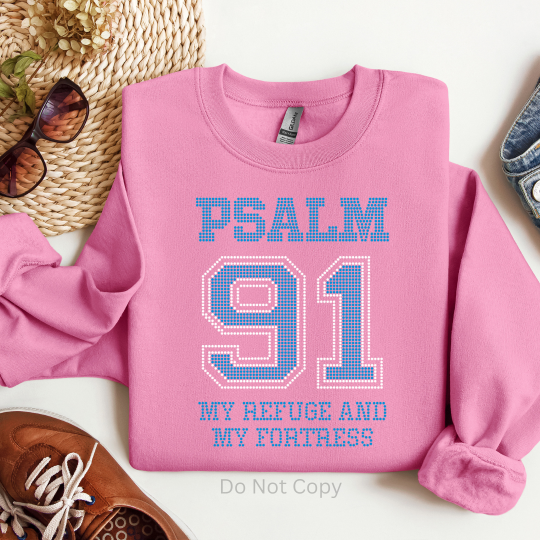Psalm 91 Blue Rhinestone Transfer on a tshirt