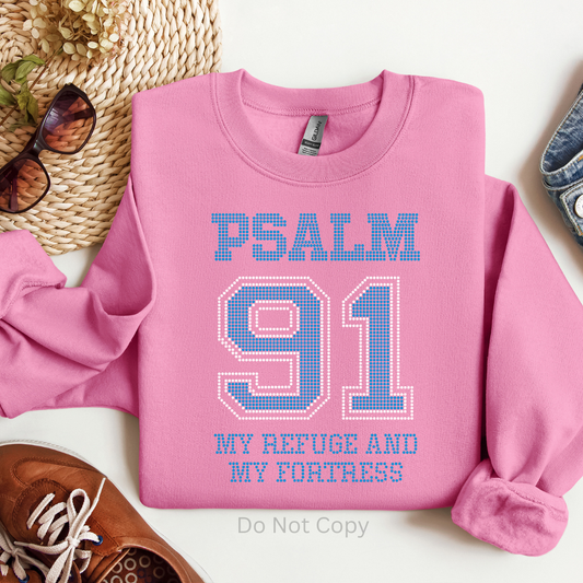 Psalm 91 Blue Rhinestone Transfer on a tshirt