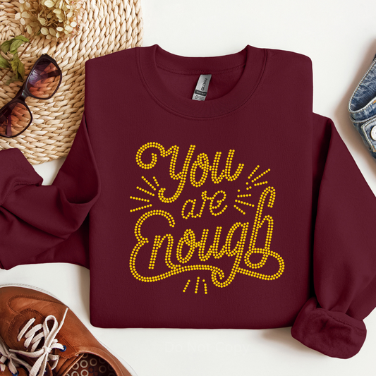 You Are Enough Rhinestone Transfer on a red tshirt