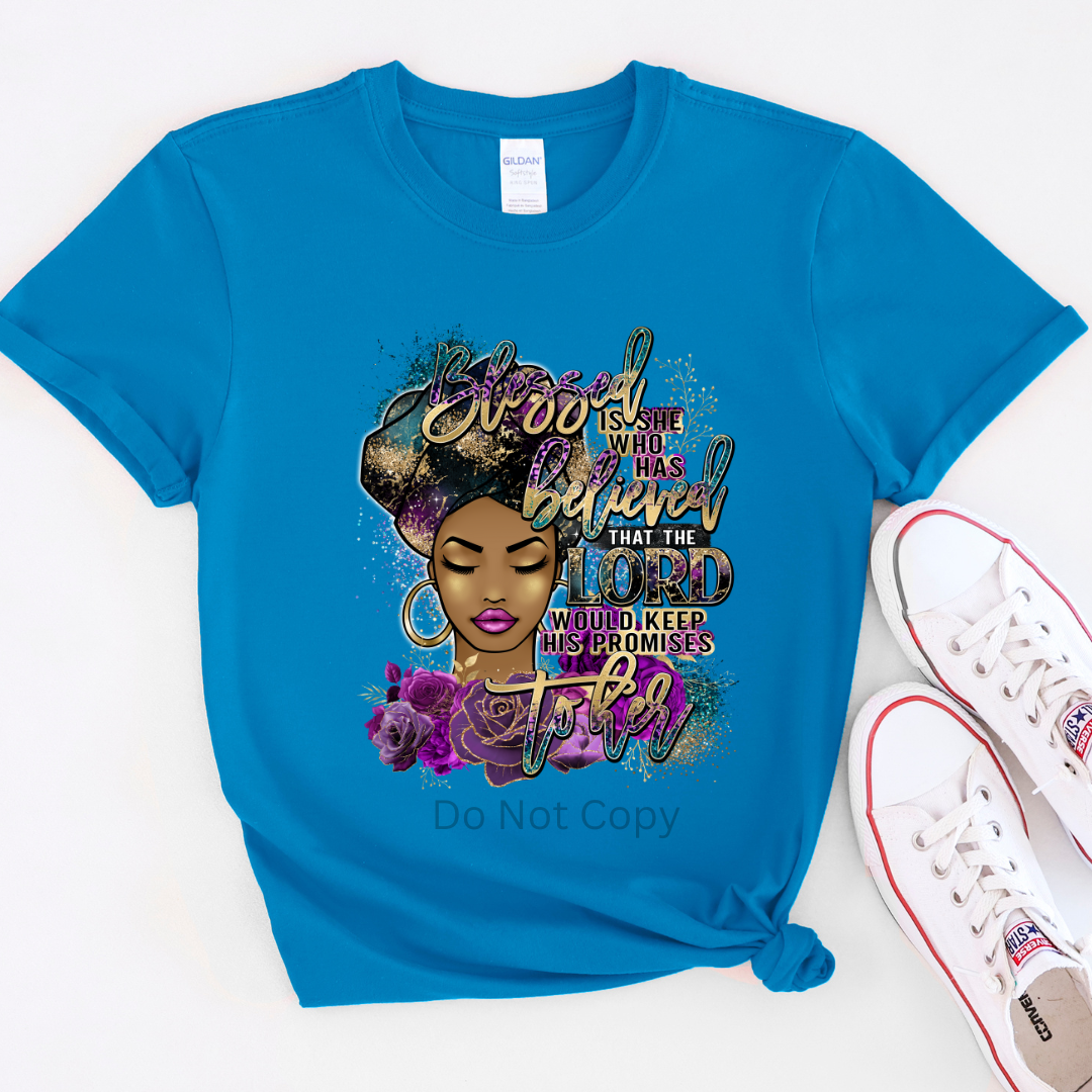Blessed Is She Who Has Believed DTF (direct to film) purple on a tshirt