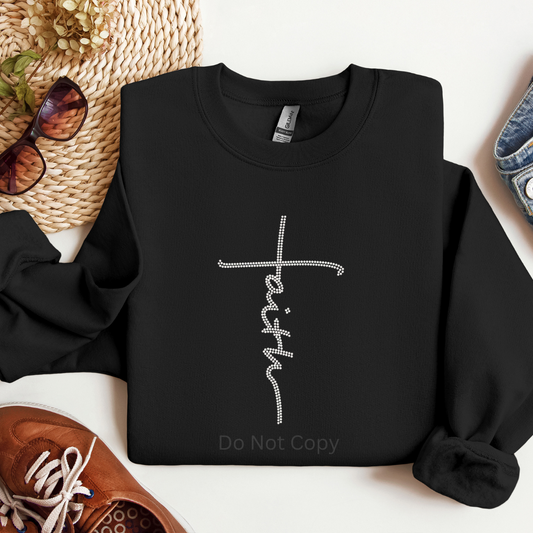 Faith Rhinestone Transfer on a black tshirt
