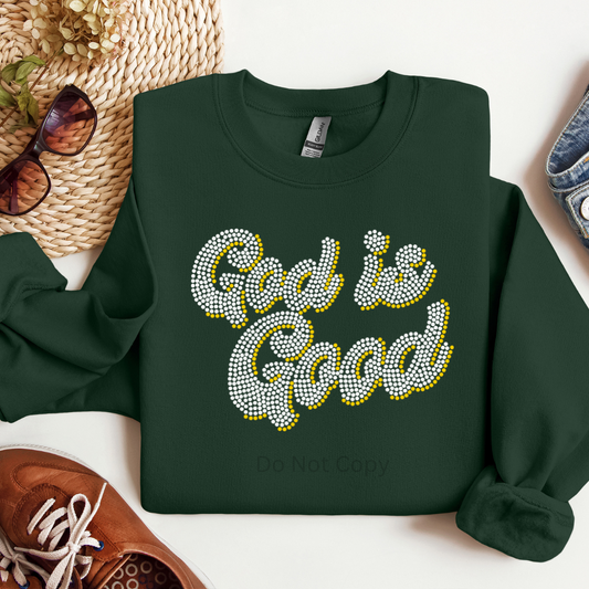 God Is Good Rhinestone Transfer on a green tshirt