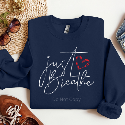 Just Breathe Rhinestone Transfer on a  navy tshirt front side