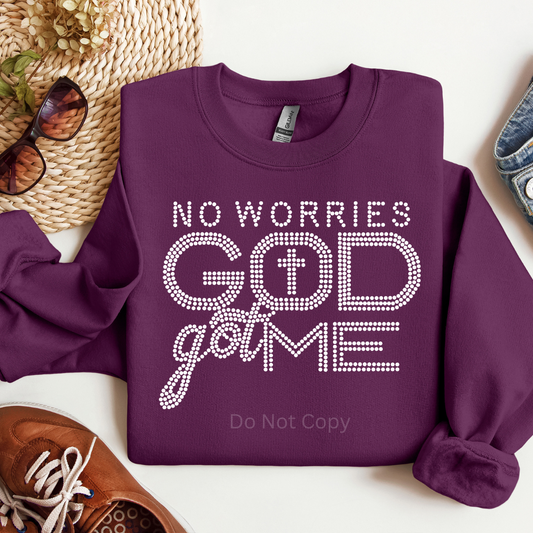 No Worries Rhinestone Transfer on a purple tshirt